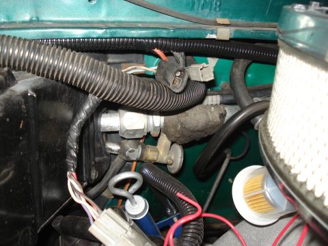 1979 Ford F-150 - Close-up view of various engine bay components, including hoses, wiring, and an air filter assembly.