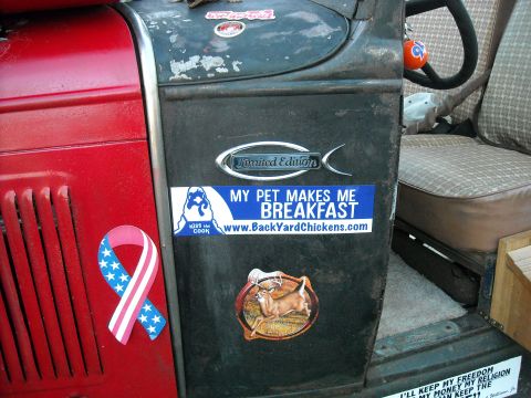 1979 Ford F-150 - A close-up of a vehicle's door panel shows various stickers, including one that reads 'Limited Edition' and another with a humorous message…