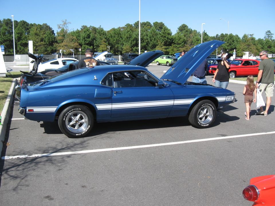 Blue muscle car with white stripes, hood open. People milling around