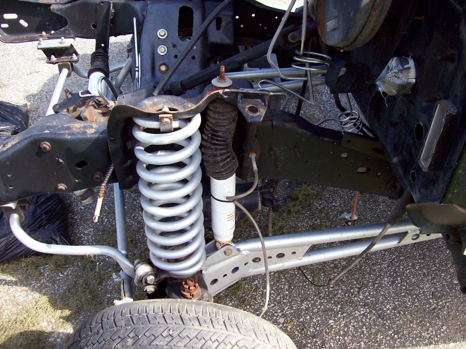 Close-up of a vehicle's front suspension with large coil springs and shock absorbers
