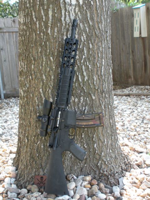 1996 Ford Bronco - A rifle with a scope and a visible magazine is propped against a tree trunk outdoors.