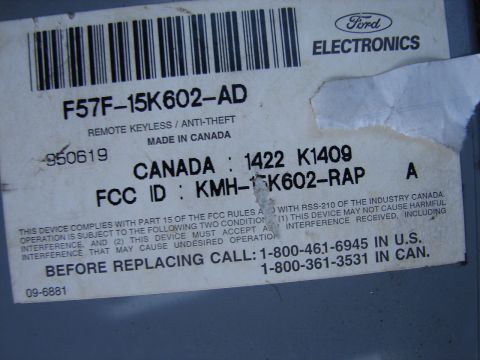 1973 Ford Ranchero - A label from Ford Electronics details part numbers and FCC information for a remote keyless/anti-theft device.