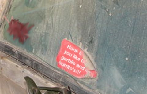 1971 Ford Ranchero - A red sticker on a dusty windshield reads 'Honk if you like to gerbils and burrito's!!!'