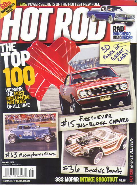 1978 Ford Mustang II - Hot Rod magazine cover from January 2008, highlighting "The Top 100" influential hot rods and other automotive features.