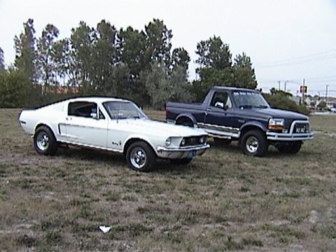 1995 Ford Bronco - A white 1967 Ford Mustang coupe and a dark blue Ford pickup truck are parked on a grassy field.