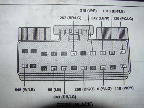 1973 Ford Ranchero - Connector C338F pinout diagram showing numbered terminals with wire colors such as W/P, BR/LG, LB and PK/Y.