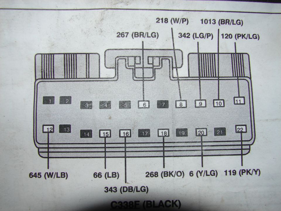 C338F black connector pinout with numbered terminals and wire color codes
