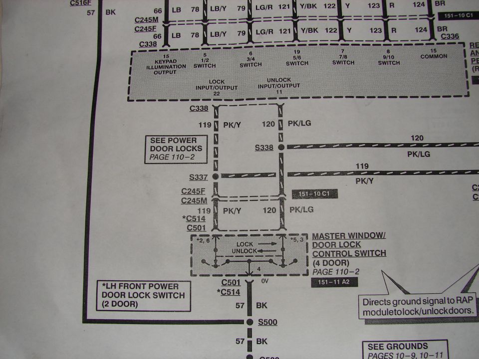 Power door lock wiring diagram with splice points and master switch