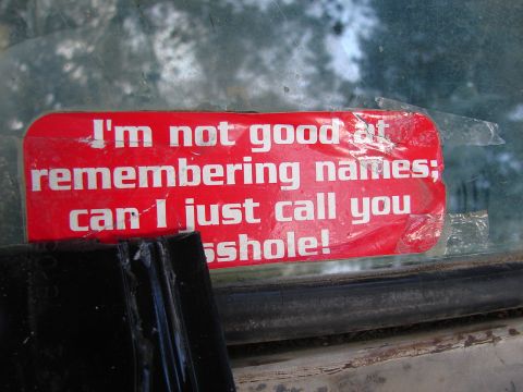 1973 Ford Ranchero - A humorous sticker is affixed to a car's window, expressing a lack of memory for names.
