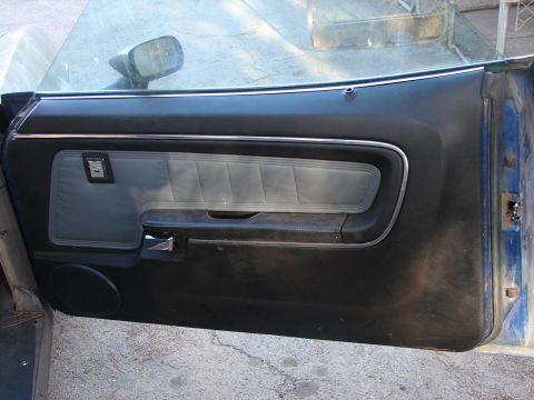 1973 Ford Ranchero - Close-up of a car's interior door panel, showing the fabric insert and door handle.