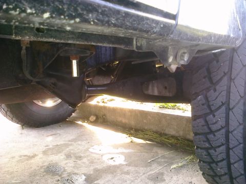 1993 Ford Bronco - Close-up view of the undercarriage and suspension system of an SUV.