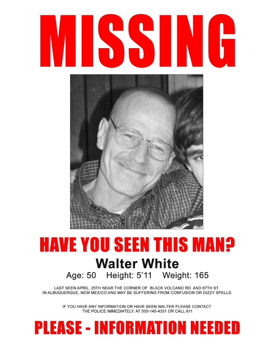 Missing person poster for Walter White, with his photo and contact information