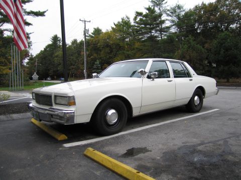 1991 Ford LTD Crown Victoria - This white sedan is parked in a lot, with trees and a flagpole in the background.