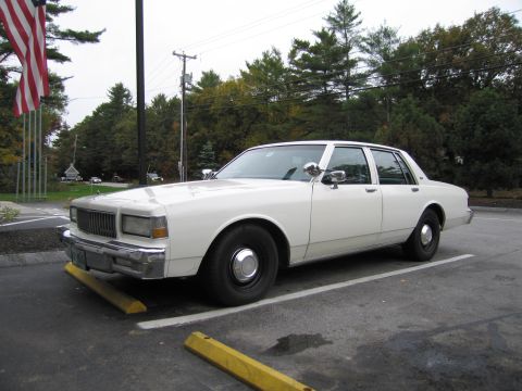 1991 Ford LTD Crown Victoria - This white sedan, likely a Chevrolet Caprice from the 1980s, is parked in a lot under an overcast sky.