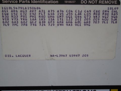 1991 Ford LTD Crown Victoria - Service Parts Identification (SPID) label listing the VIN, RPO option codes and WA-L3967 paint code.