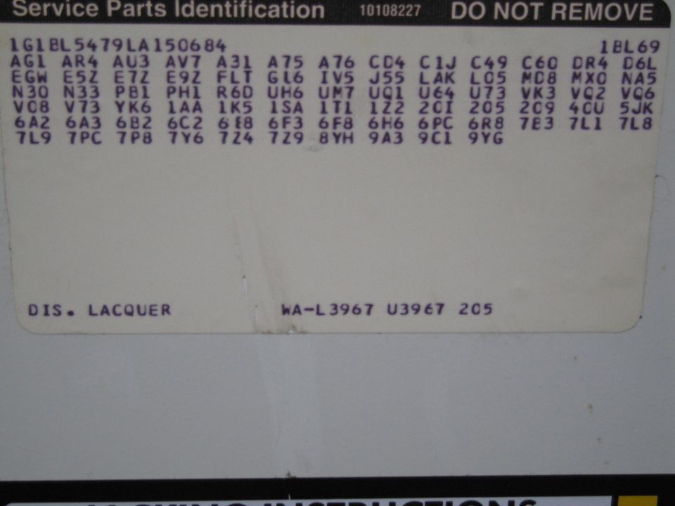GM Service Parts Identification label with VIN, paint code and RPO option codes