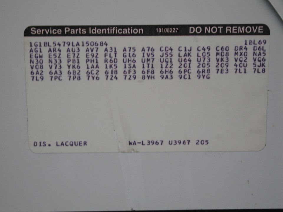 GM Service Parts Identification label showing VIN and option/paint codes