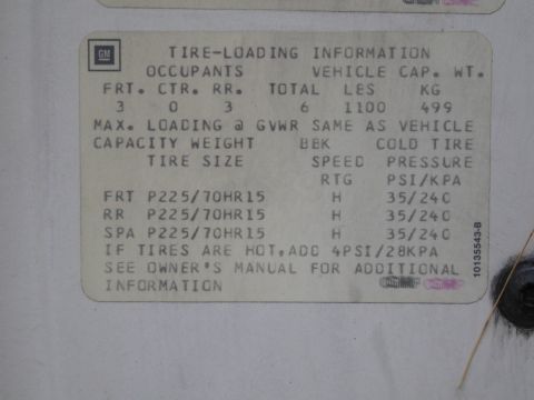 1991 Ford LTD Crown Victoria - Tire-loading information data plate showing occupant capacity, tire sizes and cold inflation pressures.