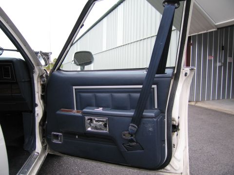 1991 Ford LTD Crown Victoria - Interior door panel of a car, showing blue upholstery and a seatbelt.