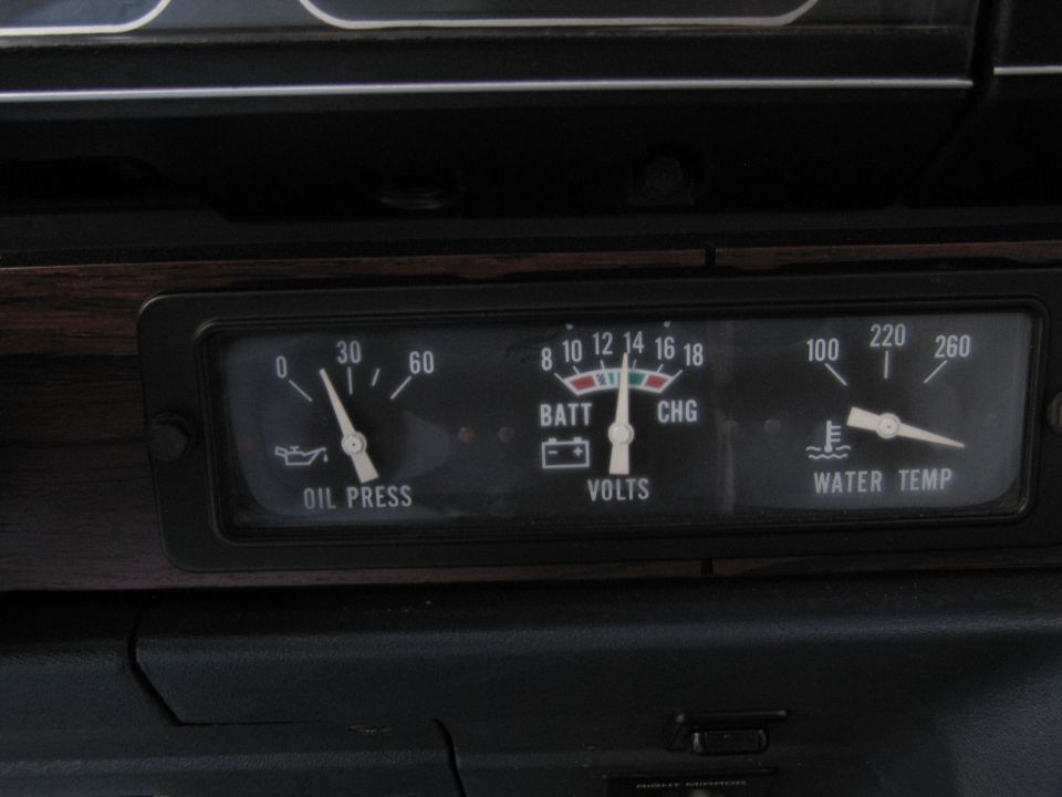 Vehicle dashboard with oil pressure, battery voltage, and water temperature gauges