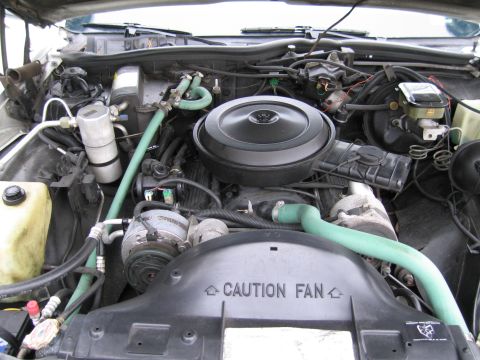 1991 Ford LTD Crown Victoria - The engine bay of a car, showing various components and hoses, with a warning label on the fan shroud.