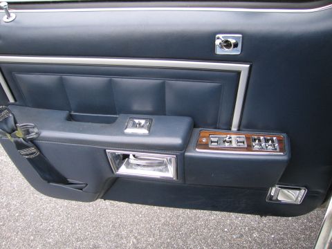 1991 Ford LTD Crown Victoria - Close-up of a car's interior door panel, showing blue upholstery, chrome accents, and power window controls.