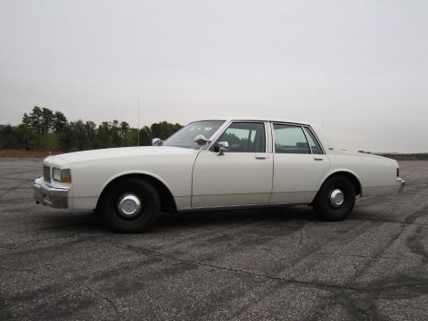 1991 Ford LTD Crown Victoria - A white sedan is shown from the side, parked outdoors on a cloudy day.