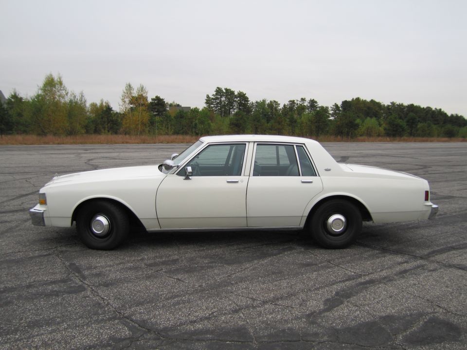 White sedan parked on asphalt lot, trees in background