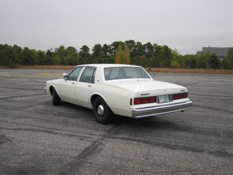 1991 Ford LTD Crown Victoria - Rear view of a white Chevrolet Caprice sedan parked outdoors on a cloudy day.