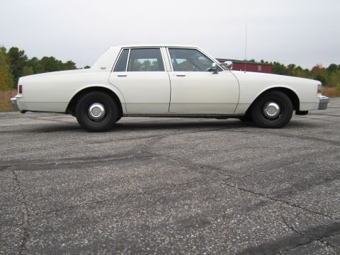 1991 Ford LTD Crown Victoria - A white sedan is shown from the side, parked outdoors on a cloudy day.