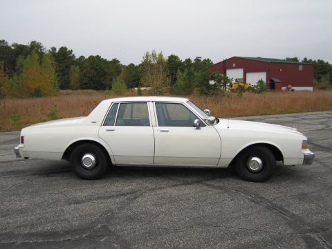 1991 Ford LTD Crown Victoria - A white sedan is parked on an asphalt surface with a red building and trees in the background.