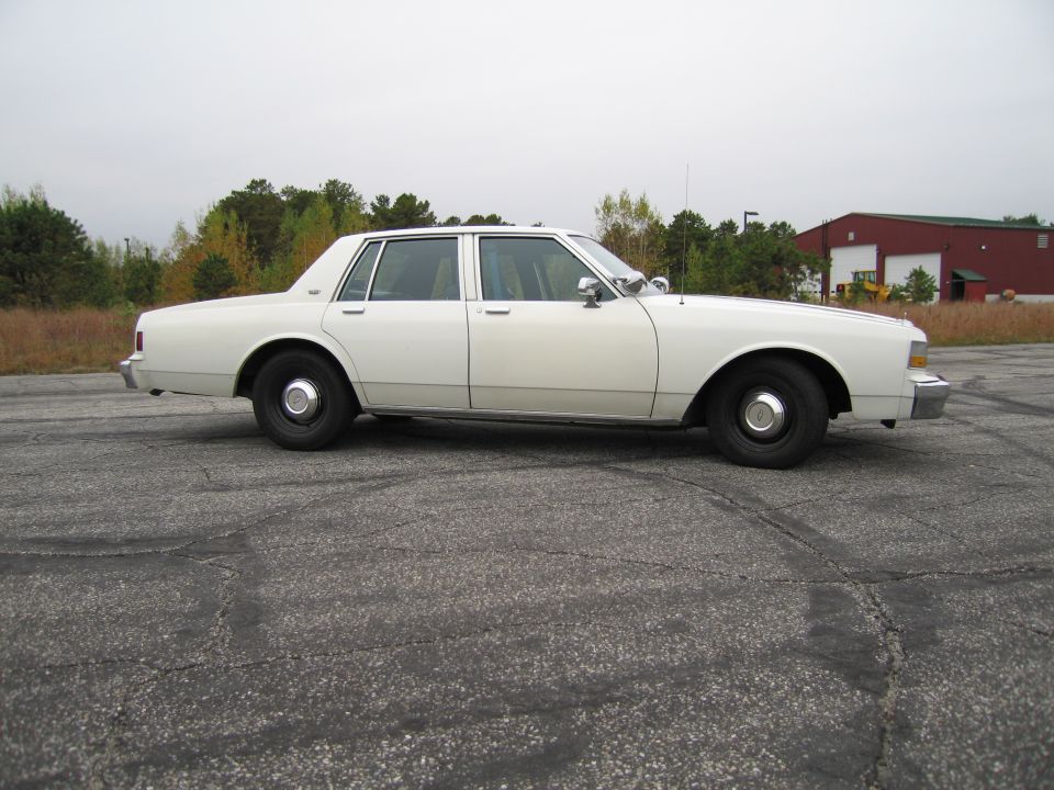 White sedan parked on asphalt lot, trees and building in background