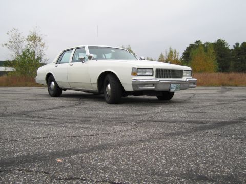 1991 Ford LTD Crown Victoria - A white sedan with a distinctive grille is parked outdoors on a cloudy day.