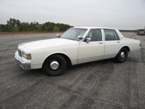 1991 Ford LTD Crown Victoria - This white sedan is parked on an asphalt lot with trees in the distance under a cloudy sky.