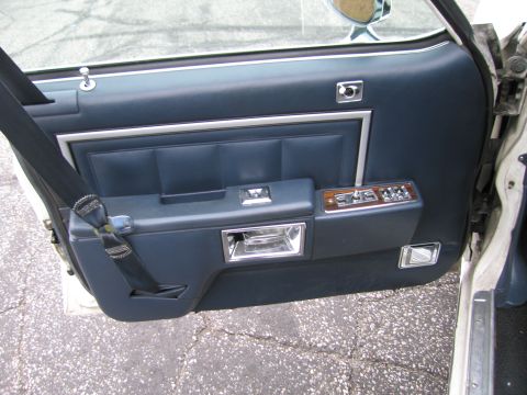 1991 Ford LTD Crown Victoria - The interior door panel of a vehicle shows blue vinyl and chrome accents, including the door handle and window controls.