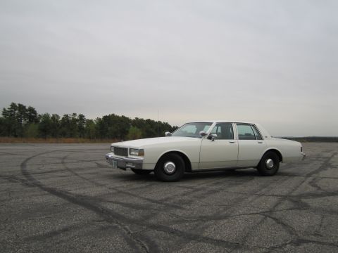 1991 Ford LTD Crown Victoria - A white sedan from the 1980s sits on an empty asphalt lot under an overcast sky.