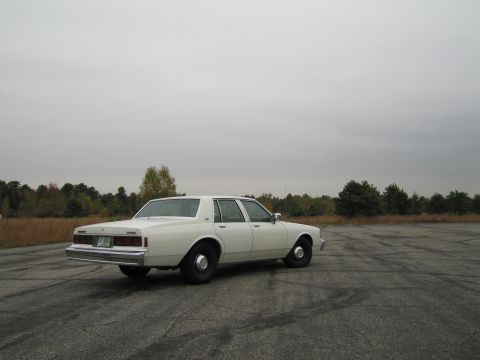 1991 Ford LTD Crown Victoria - This white sedan has a boxy body style and a rear-facing view, parked in an empty lot under an overcast sky.