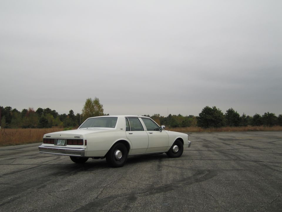 white sedan parked on asphalt lot, trees in background