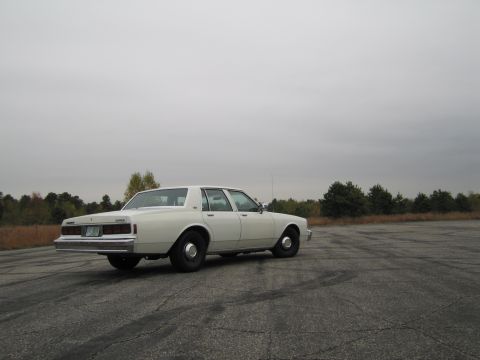 1991 Ford LTD Crown Victoria - This white sedan is viewed from its rear quarter, parked on a cracked asphalt surface under an overcast sky.