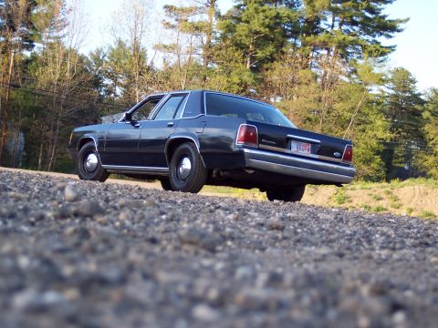 2001 Ford Crown Victoria - Rear view of a 2001 Ford Crown Victoria parked on a gravel surface with trees in the background.