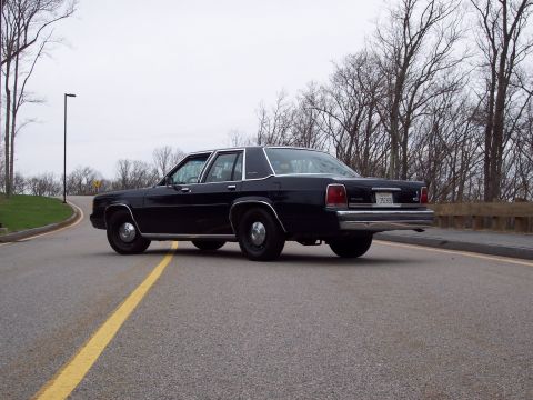 2001 Ford Crown Victoria - Rear view of a black sedan on a road with trees in the background.