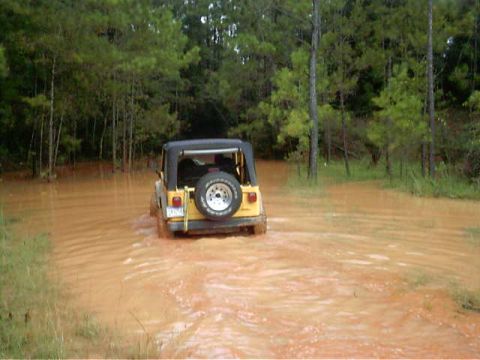 1985 Ford Bronco - A yellow Jeep Wrangler navigates through a muddy, water-covered trail surrounded by dense trees.