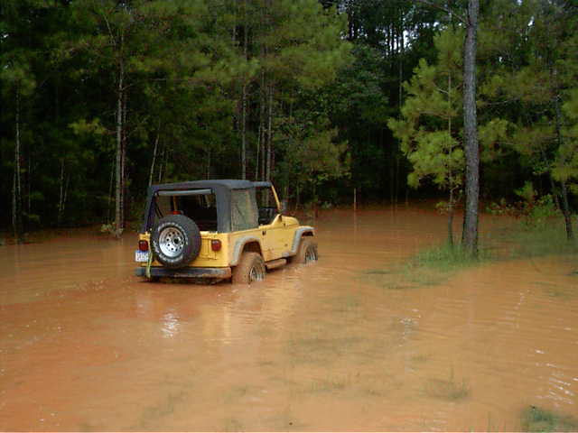 Yellow Jeep Wrangler with black soft top wading through muddy orange floodwater in pines