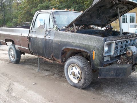 1988 Ford F-150 - A heavily weathered pickup truck sits abandoned with its hood ajar, revealing engine components covered in leaves.
