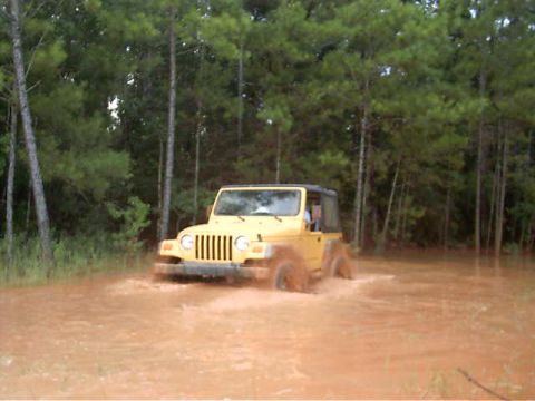 1985 Ford Bronco - A yellow Jeep Wrangler navigates through a muddy water obstacle in a wooded area.