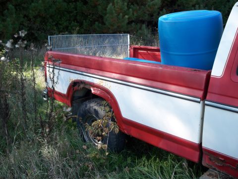 1988 Ford F-150 - This 1988 Ford F-150 pickup truck is seen from the rear, with a large blue barrel loaded in its bed.