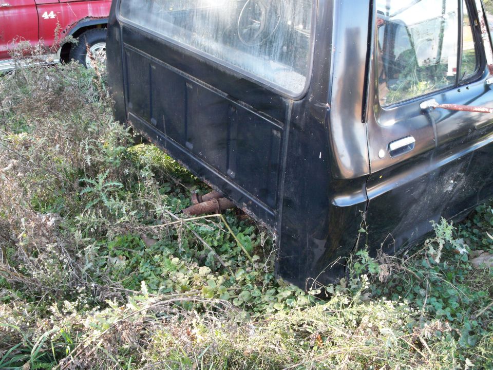 Side view of a black pickup truck cab and bed sitting in weeds. A red truck is partially visible on the left