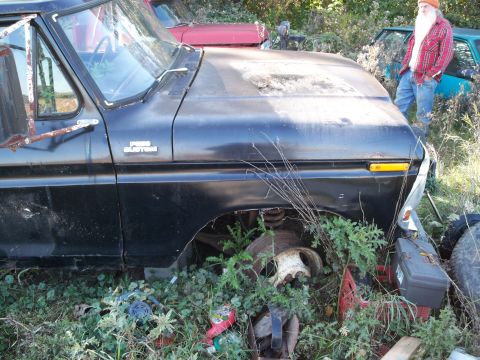 1988 Ford F-150 - A black Ford F-Series truck sits in a yard, overgrown with weeds, next to other vehicles and a man.