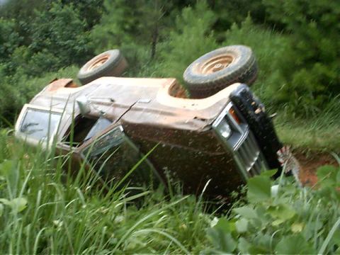 1985 Ford Bronco - This 1985 Ford Bronco has rolled onto its side in a ditch, surrounded by tall grass and trees.