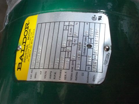 1988 Ford F-150 - Data plate for a Baldor Industrial Motor shows technical specifications and serial number.